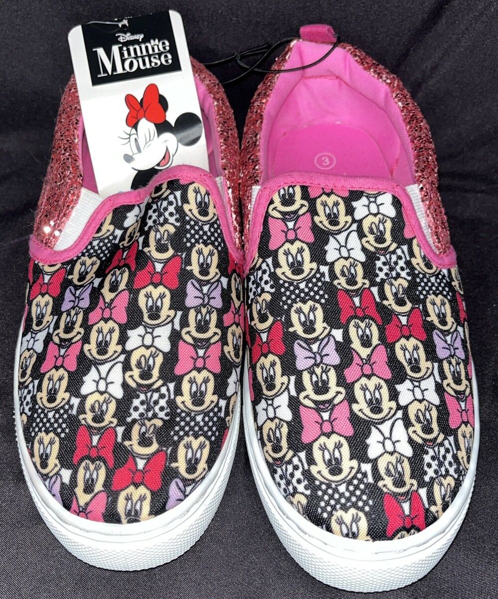 Disney Minnie Mouse Slip On Canvas Sneakers Girls 3 Pink Glitter Shimmer